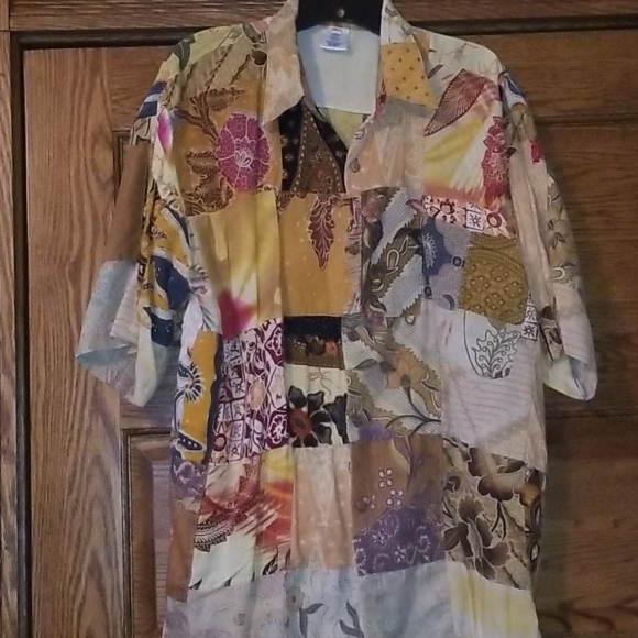 Mens patchwork hippie button down shirt XL